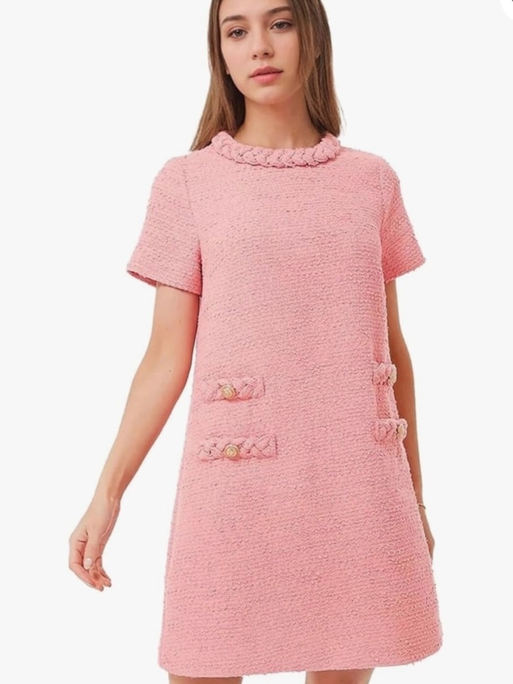 Short-Sleeve Tweed Jackie Mini Dress With Braided Trim And Gold Button Accents